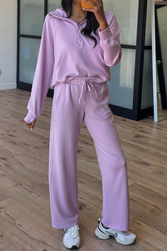 Sporty Solid Half-Zip Hoodie and Pants Set